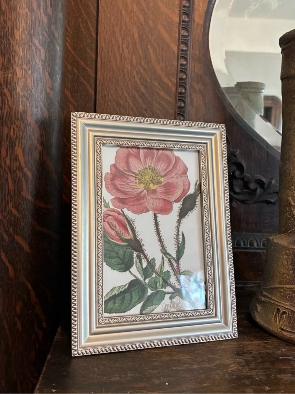 Vintage Brushed Nickel Tone Ornate Metal Freestanding Botanical Floral Frame